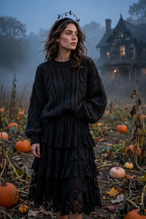 Woman in an oversized charcoal sweater, black lace skirt and witch headband for a modern witch outfit