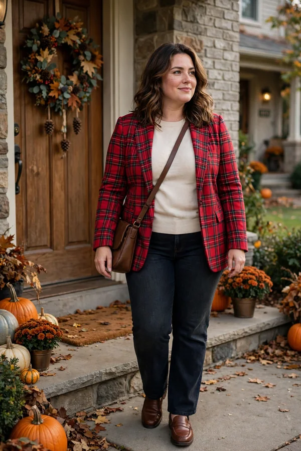 A curvy young woman wearing a red plaid blazer, cream top, dark straight jeans and brown loafers arriving at a family home