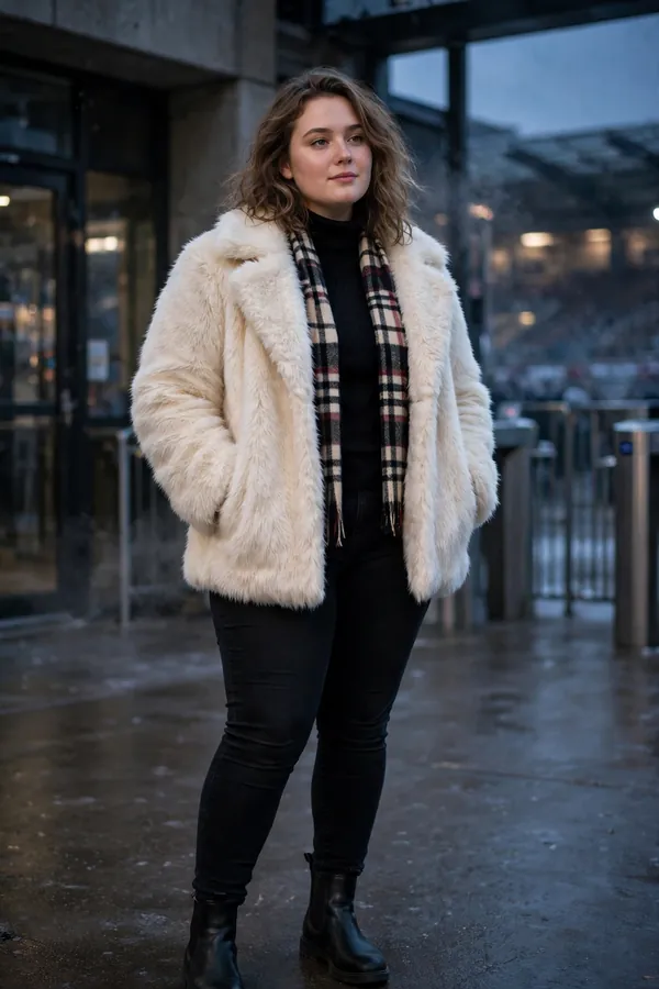 A curvy young woman wearing a cream faux fur coat, black turtleneck, black skinny jeans, black Chelsea boots and a plaid scarf at a stadium entrance on a cold evening