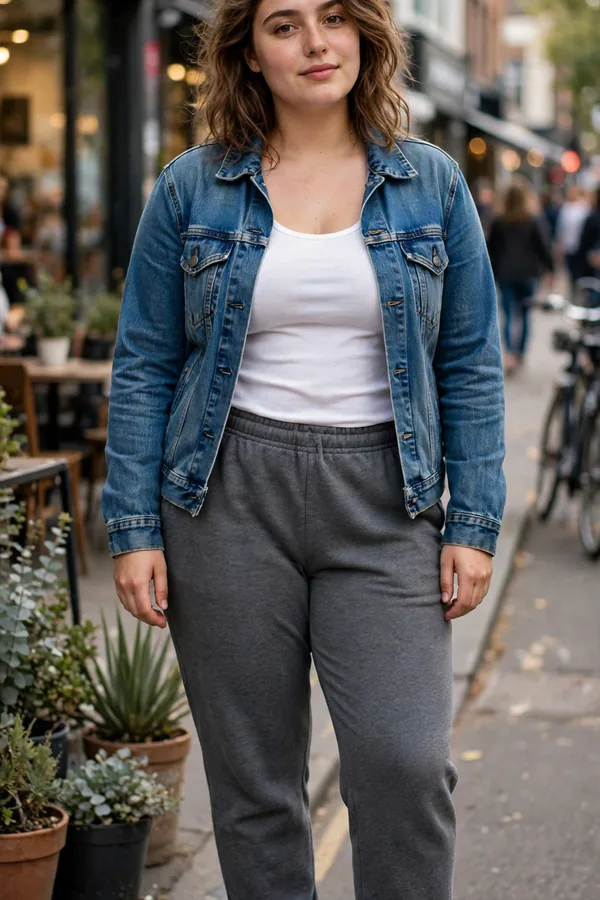A moderately curvy young woman in charcoal sweatpants, a white tank top, and a denim jacket with white sneakers on a weekend street