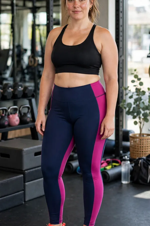 Moderately curvy woman in navy and magenta colour-block leggings and a black crop top in a gym.