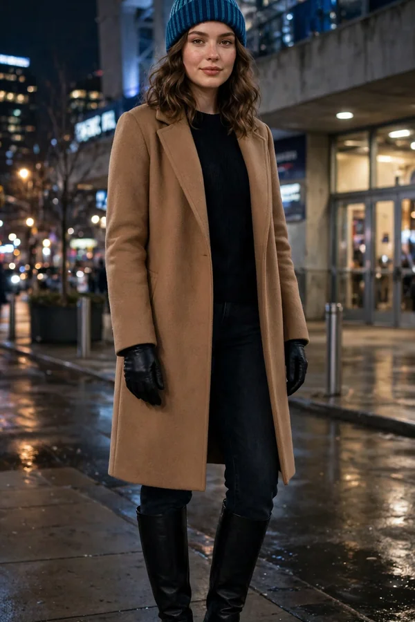 A curvy young woman in a camel wool coat and a team beanie with dark jeans and knee-high boots outside a hockey arena