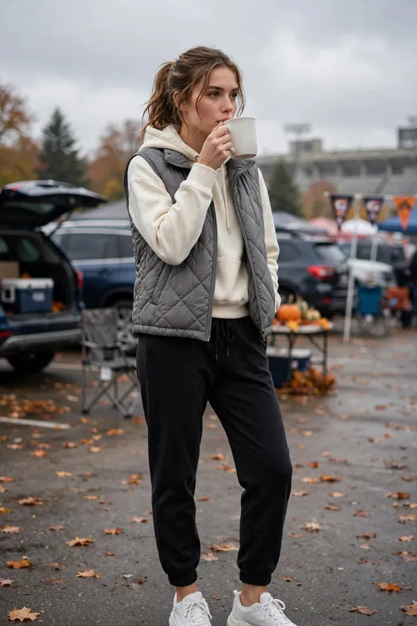 Woman in a gray quilted puffer vest over a cream hoodie with black joggers and white sneakers holding hot cocoa