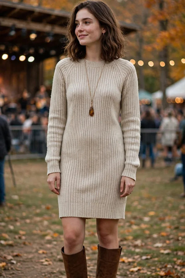 A young woman wearing a ribbed knit sweater dress and knee-high brown boots at an autumn concert