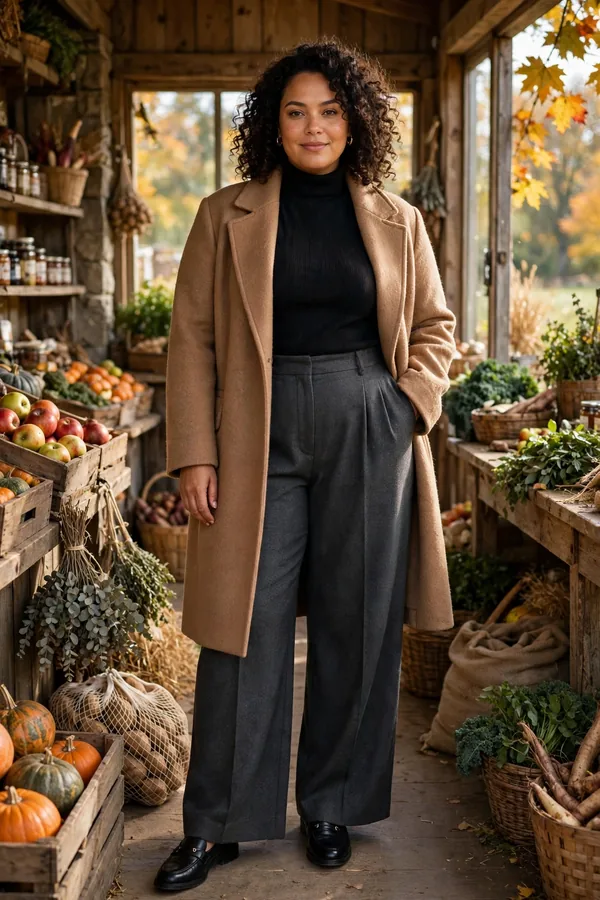 Woman in a camel wool coat with a black turtleneck, wide-leg charcoal trousers and black loafers at a farm shop