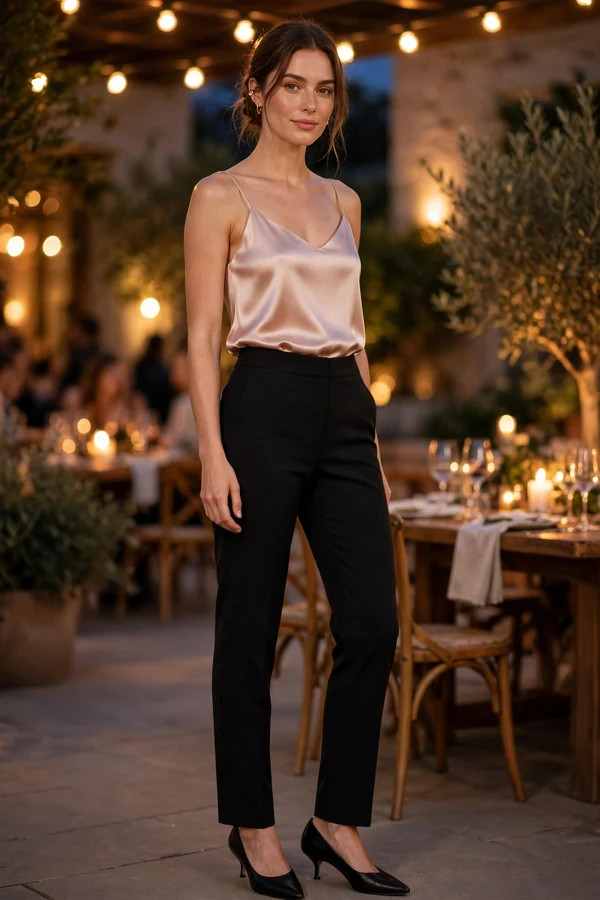 A woman wearing a blush satin camisole tucked into tailored black trousers with kitten heels at an evening event