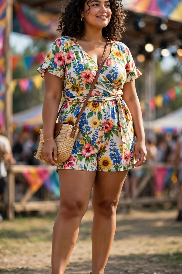 A curvy young woman in a bright floral romper and tan platform sandals posing near a festival stage