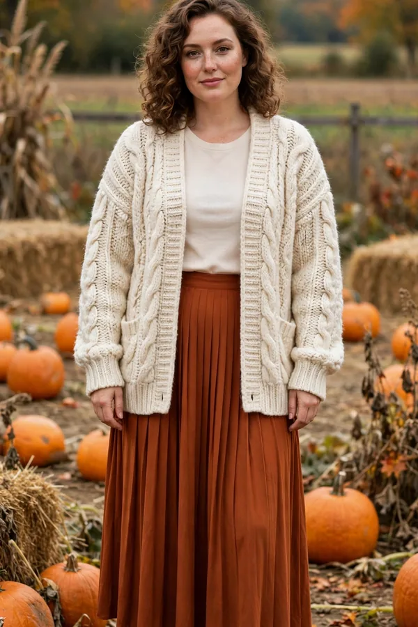 A woman in a cream chunky cardigan with a rust pleated midi skirt at a pumpkin patch