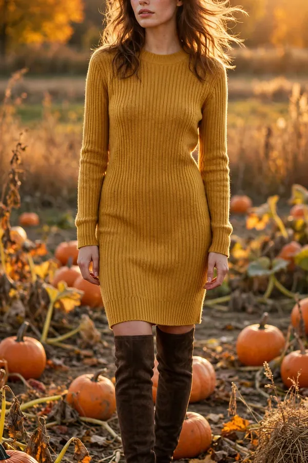 Woman standing in a pumpkin patch at golden hour wearing a mustard yellow ribbed knit sweater dress and dark brown over-the-knee boots