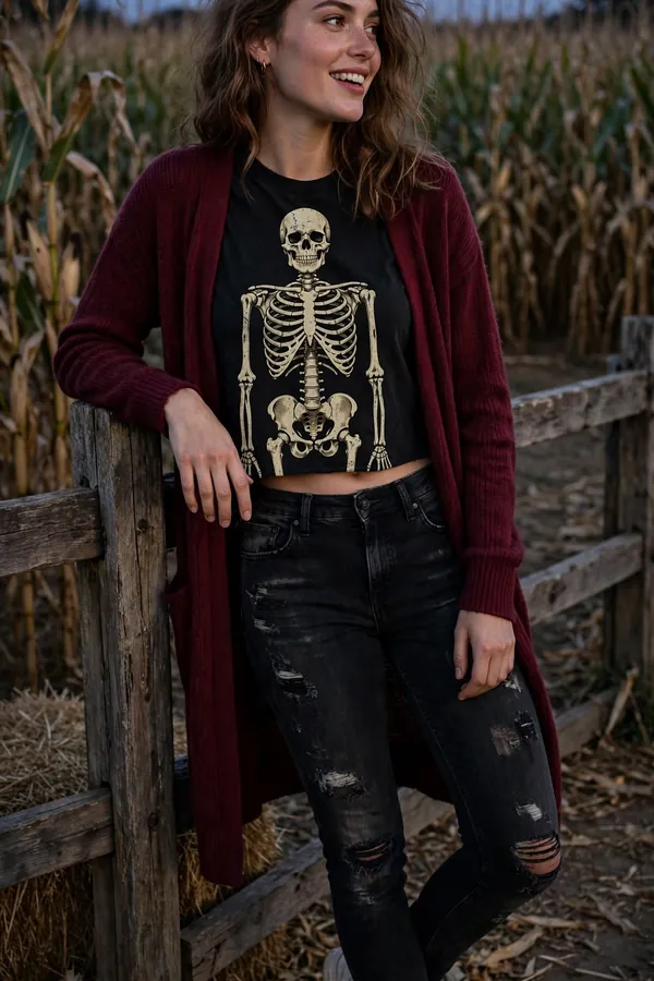 Model in distressed black jeans, a skeleton graphic tee and a long cardigan at a cornfield maze entrance