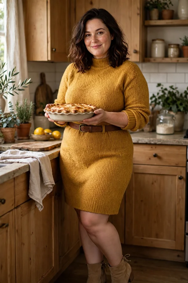 A curvy young woman wearing a mustard knit sweater dress, tan ankle boots and a brown leather belt holding a pie dish in a kitchen
