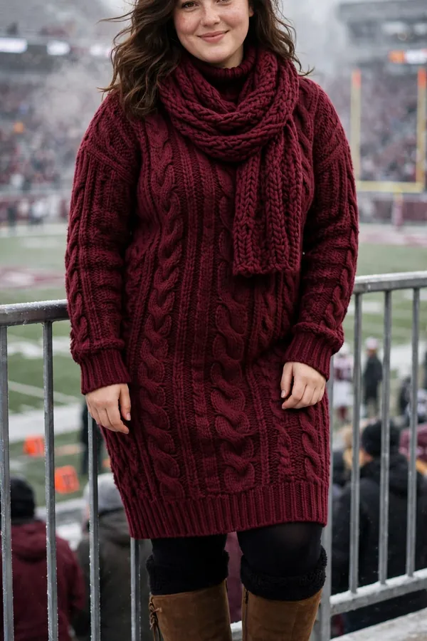 A curvy young woman wearing a long burgundy chunky knit sweater dress, black fleece tights, brown knee-high boots and a matching knit scarf at a cold football game