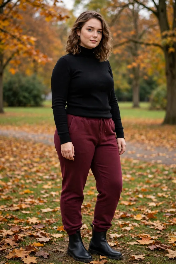 A moderately curvy young woman in burgundy sweatpants and a black turtleneck with black Chelsea boots in an autumn park