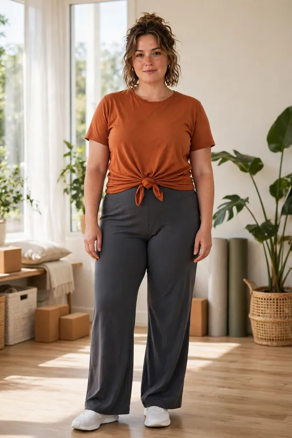 Moderately curvy woman in charcoal wide-leg yoga pants and a knotted rust tee in a yoga studio.