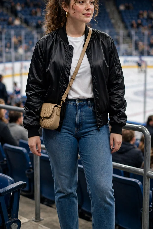 A curvy young woman wearing a satin bomber jacket and high-waisted jeans with white sneakers at a hockey game