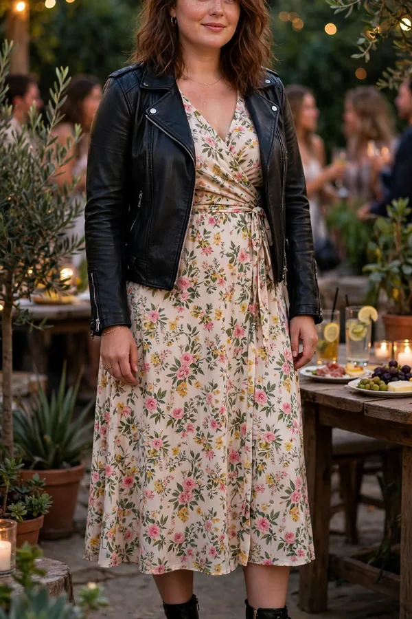 A moderately curvy woman in a floral midi dress with a black moto leather jacket and ankle boots at an outdoor party