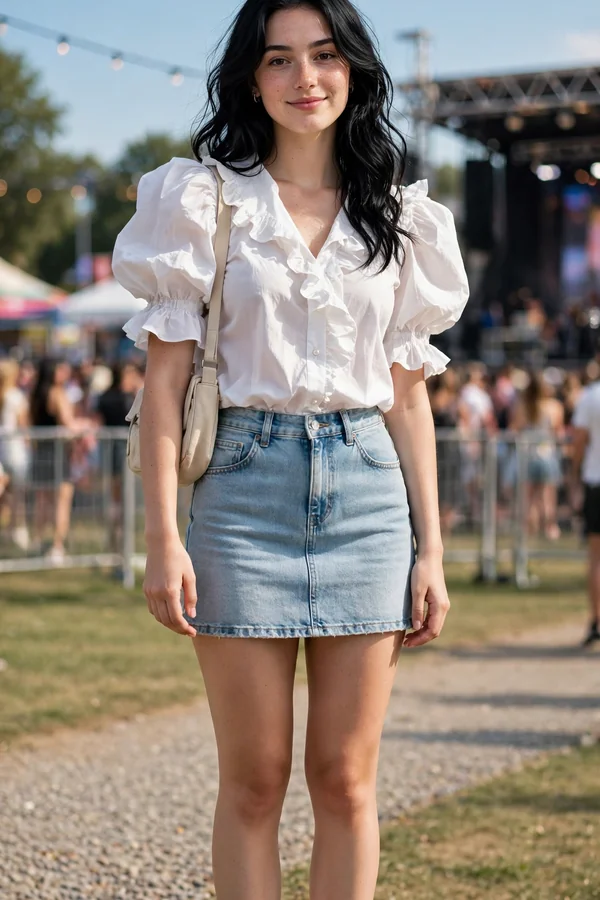 A young woman in a light-wash denim mini skirt and a white puff-sleeve blouse at a summer concert