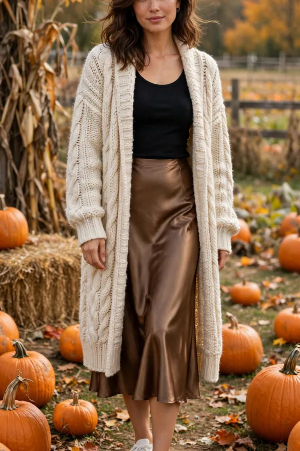Woman in a long chunky cream cardigan with a bronze satin midi skirt and white sneakers at a pumpkin patch