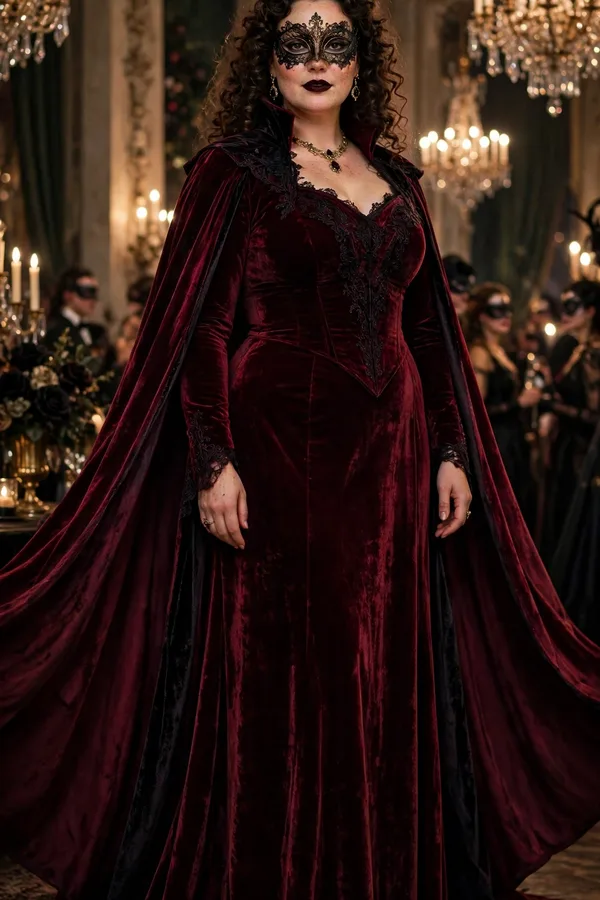 A plus-size woman in a floor-length burgundy velvet gown with a cape at an elegant masquerade party