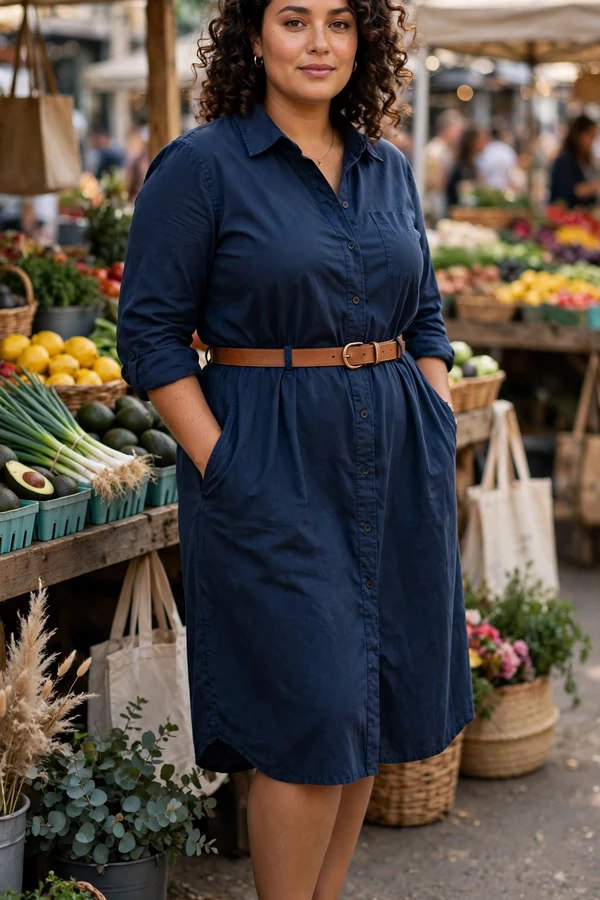 A curvy woman in a navy shirt dress with a tan belt and white sneakers at a weekend market