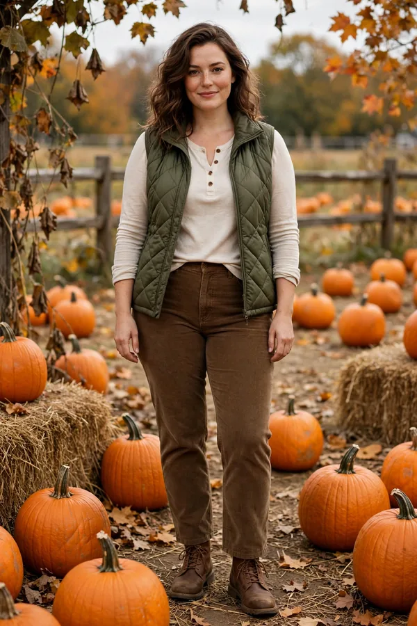 A woman in a quilted olive puffer vest over a cream henley with brown corduroy pants at a pumpkin patch