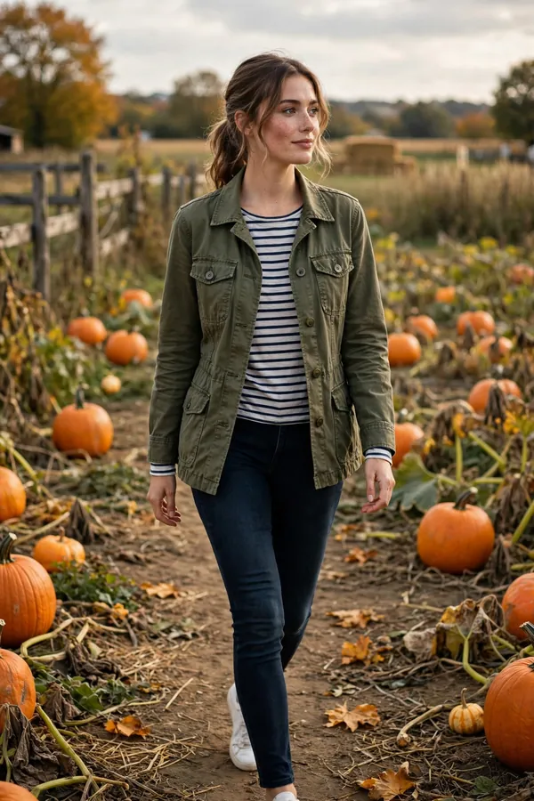 Woman strolling through a pumpkin patch farm wearing an olive green utility jacket over a navy-and-white striped long-sleeve top, dark jeans and white sneakers