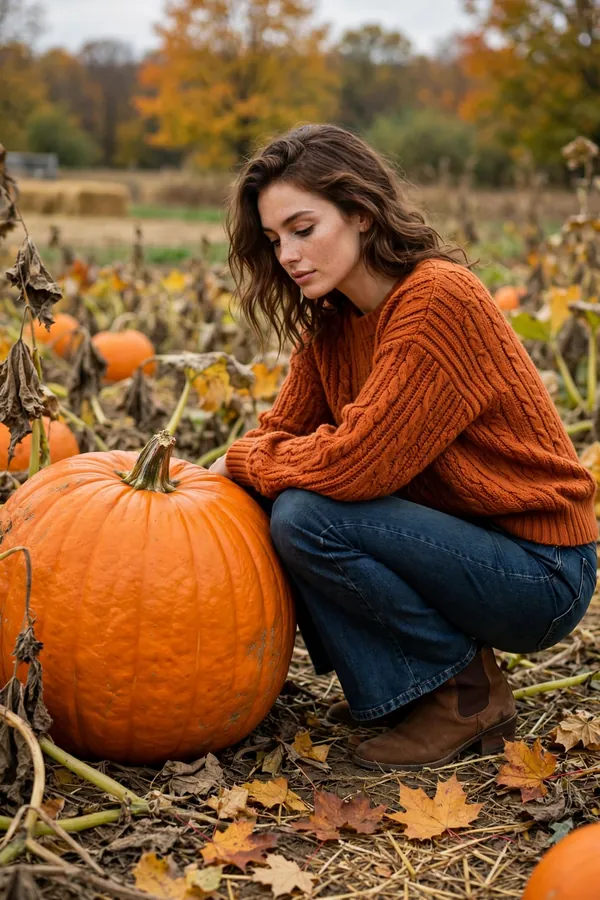 Woman crouching beside a giant orange pumpkin wearing a burnt-orange knit sweater, dark wash flared jeans and brown Chelsea boots
