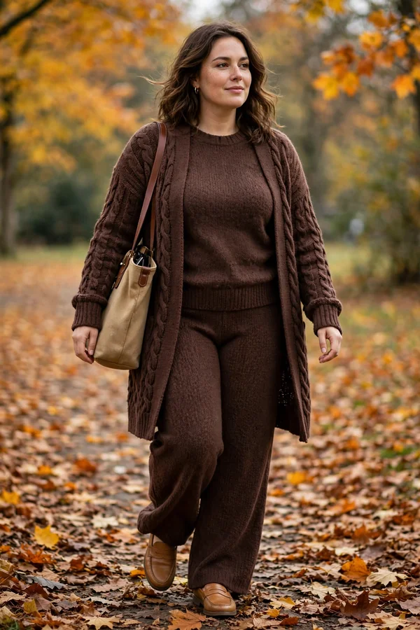 A curvy young woman wearing a chocolate brown knit co-ord set, long cardigan and tan loafers walking through autumn leaves