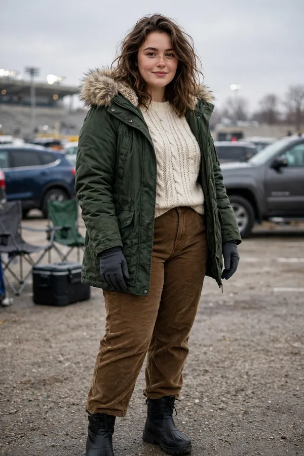 A curvy young woman wearing a dark green parka with a faux-fur hood, cream knit sweater, brown corduroy trousers, waterproof ankle boots and touchscreen gloves at a cold stadium tailgate