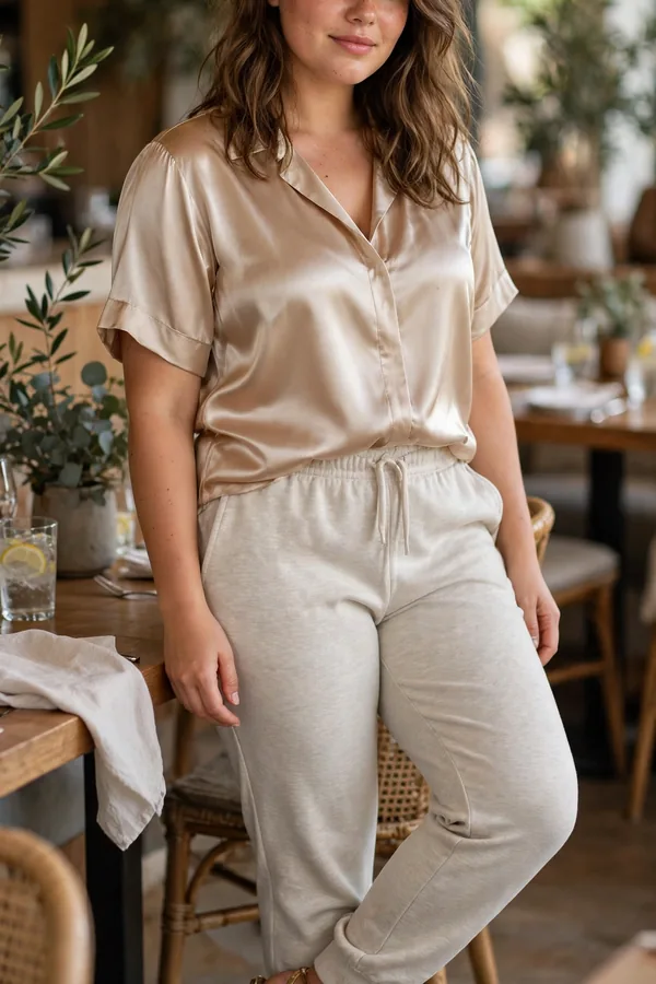 A moderately curvy young woman in oatmeal sweatpants and a champagne satin blouse with heeled sandals at a restaurant