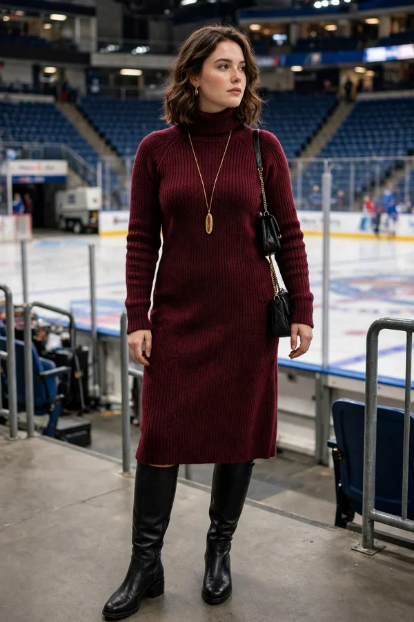 A curvy young woman in a burgundy turtleneck sweater dress and knee-high boots at a hockey arena