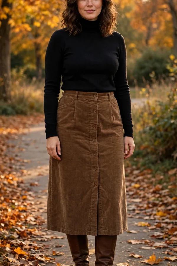 A moderately curvy woman in a brown corduroy midi skirt with a fitted black turtleneck and knee-high boots in autumn light