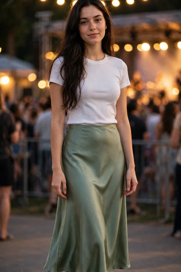 A young woman wearing a sage satin bias-cut midi skirt and a fitted white ribbed tee at a concert