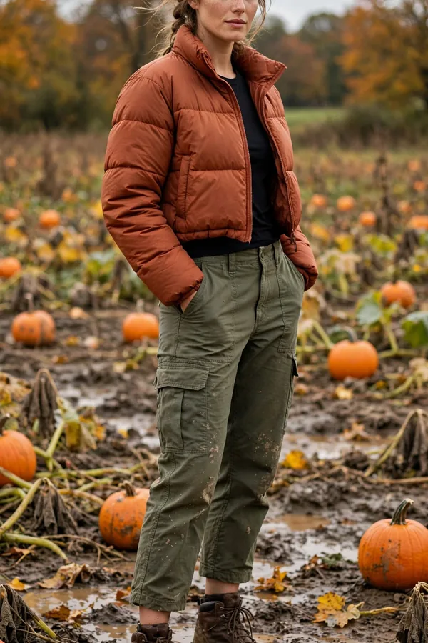 Woman in a rust cropped puffer jacket with olive cargo pants and hiking boots in a muddy pumpkin field