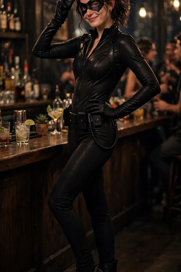 A woman in an all-black fitted outfit with a mask and gloves posing playfully at a bar party