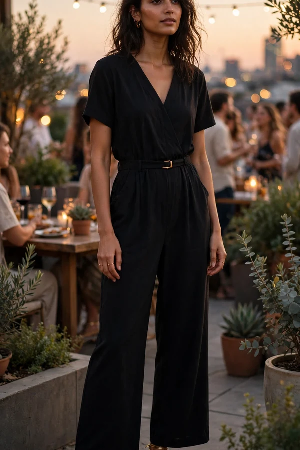 A woman in a wide-leg black jumpsuit with gold sandals at a rooftop evening gathering