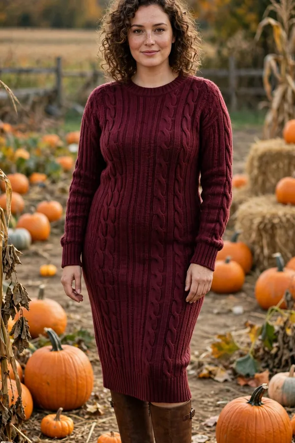 A woman in a burgundy knit sweater dress with tall brown boots at a pumpkin patch