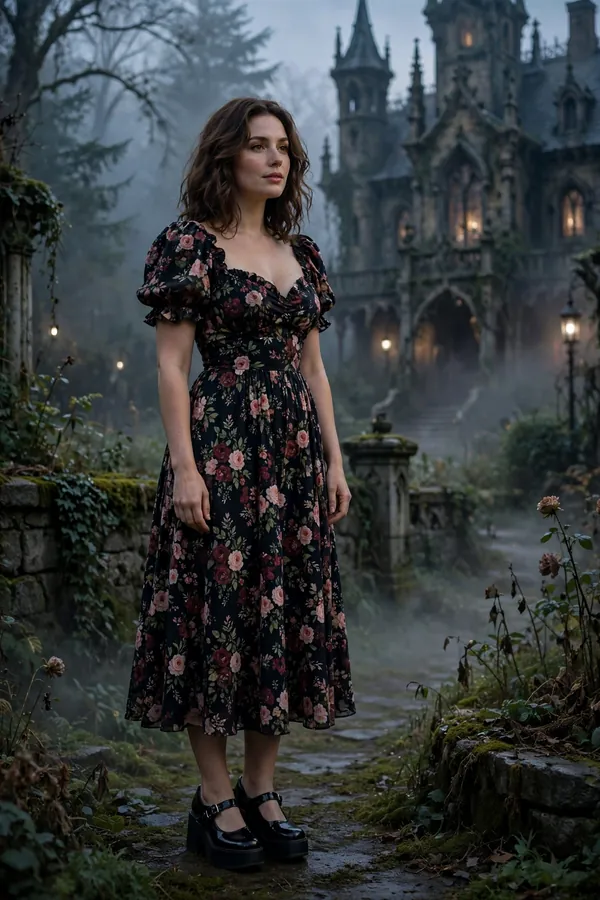 Woman wearing a dark floral midi dress with puff sleeves and platform Mary Janes in a misty garden