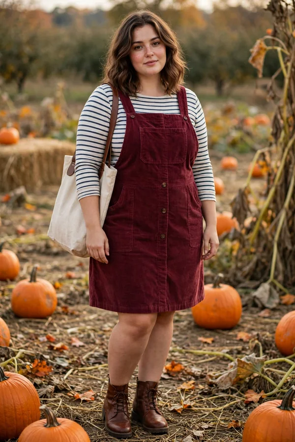 A curvy young woman wearing a cranberry corduroy pinafore dress over a striped top and brown ankle boots at a pumpkin patch