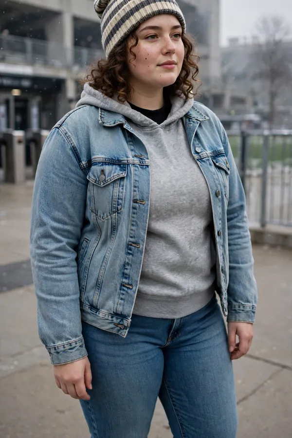 A curvy young woman wearing a light-wash denim jacket over a grey hoodie, black thermal top, blue jeans, white sneakers and a striped knit beanie outside a football stadium on a cold day