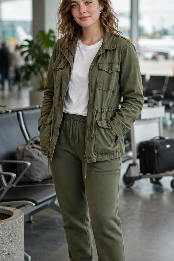 A moderately curvy young woman in olive sweatpants, a white tee, and a utility jacket with trainers at an airport