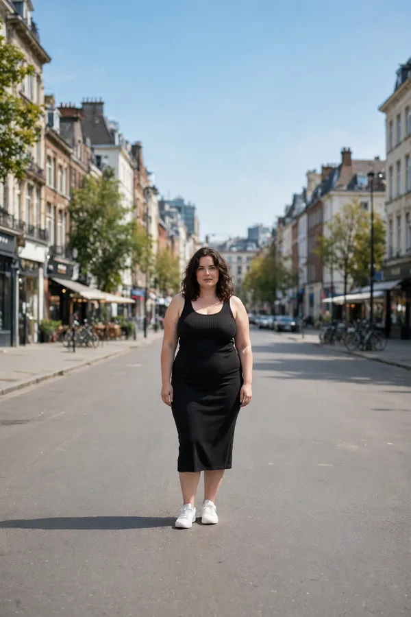 Moderately curvy woman in a black ribbed tank dress and white sneakers on a city street.