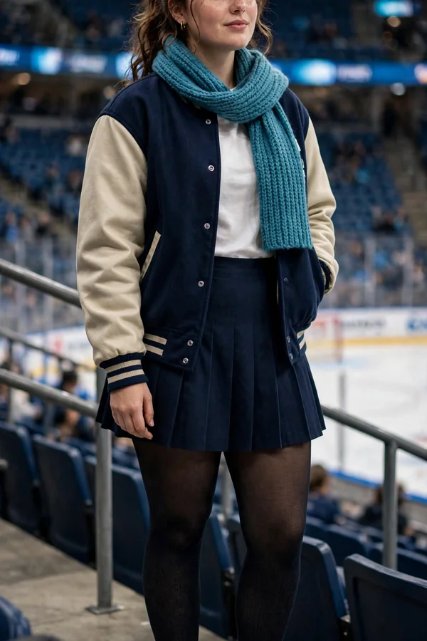 A curvy young woman wearing a varsity jacket with a pleated mini skirt, opaque tights, and sneakers at a hockey game