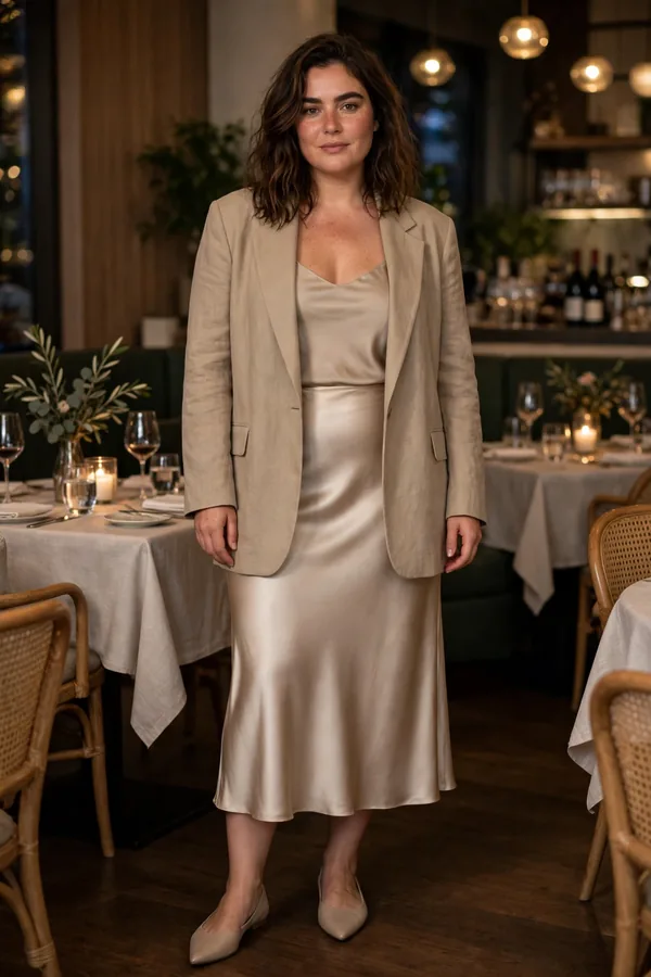 A moderately curvy woman in a champagne satin slip skirt with an oversized beige blazer and pointed flats at a smart dinner