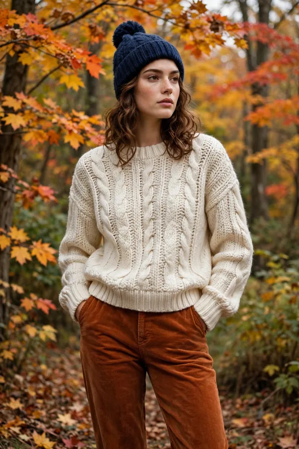 Woman in rust-orange corduroy pants, a cream chunky knit sweater and a navy pom-pom beanie among fall trees