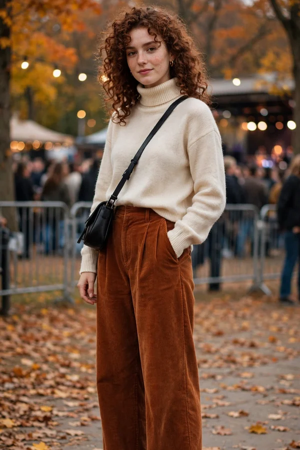 A young woman in rust wide-leg corduroy trousers and a cream soft turtleneck at an autumn concert