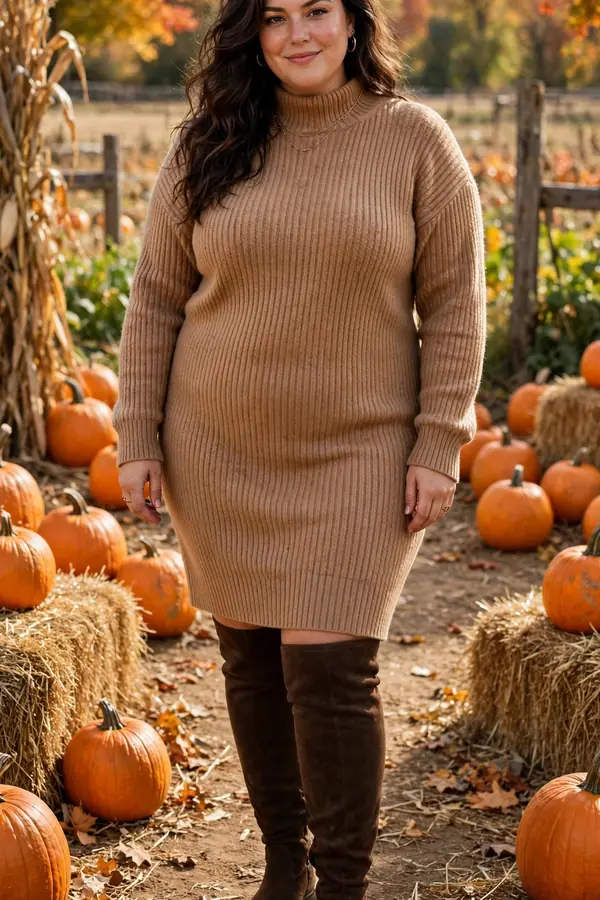 Woman in a camel ribbed knit sweater dress with dark brown over-the-knee boots at a pumpkin patch