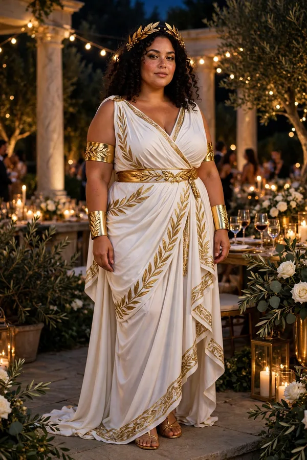 A plus-size woman in a white and gold draped gown with a laurel headpiece at an elegant evening party