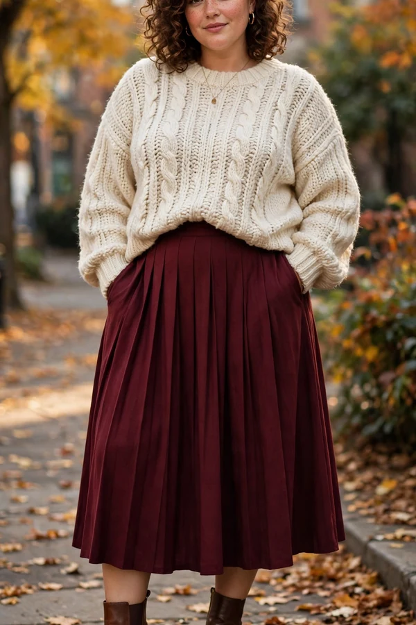 A curvy woman in a pleated burgundy midi skirt with a cream oversized sweater and ankle boots in autumn light