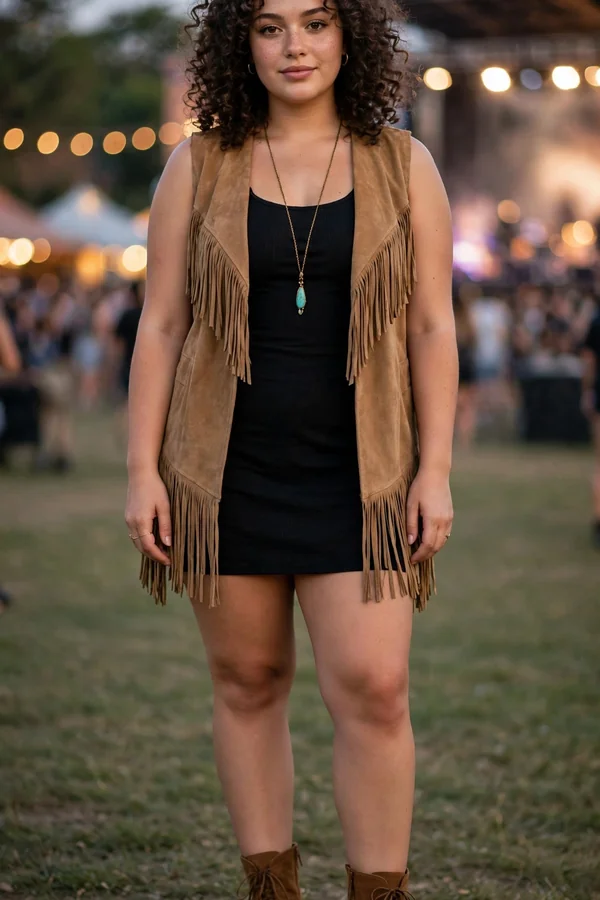 A curvy young woman wearing a tan suede fringe vest over a black mini dress and brown boots at a festival